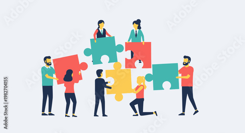 Teamwork puzzle solution, business people assembling jigsaw pieces, collaboration concept