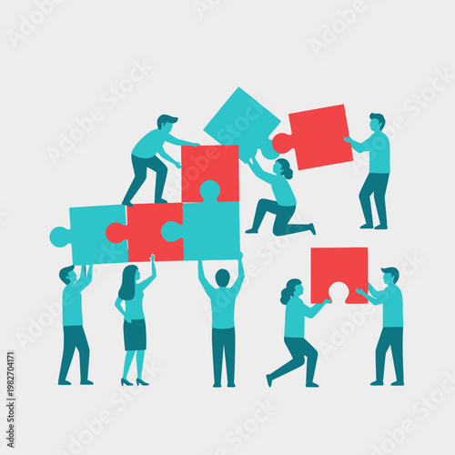 Teamwork puzzle solving, people assembling jigsaw pieces, collaboration and strategy concept