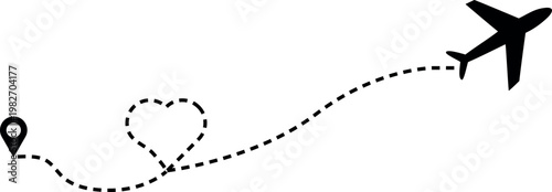 Airplane flying with dotted line and heart shaped route path  travel concept