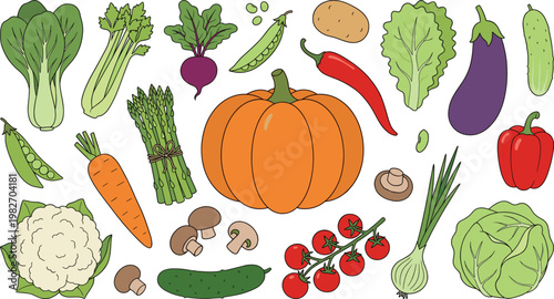 Fresh Vegetable Collection with Pumpkin, Carrot, Tomato, Eggplant, Cucumber, Mushroom, and Leafy Greens Flat Vector Illustration for Organic Food and Healthy Diet Design Projects