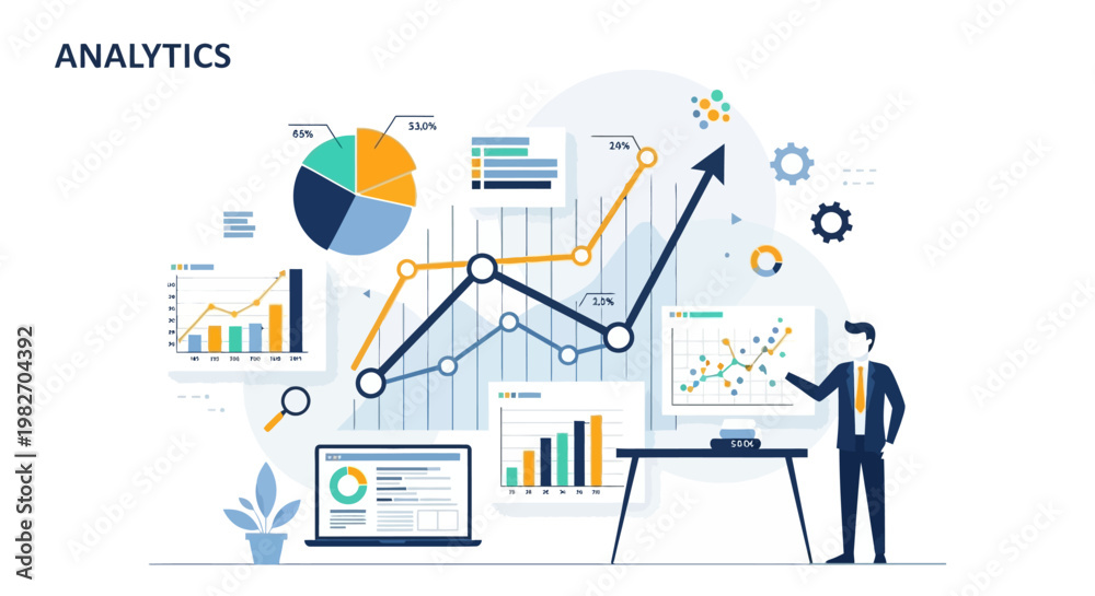 Fototapeta premium Business Analytics Concept: Man Analyzing Financial Data Charts and Graphs on Screen