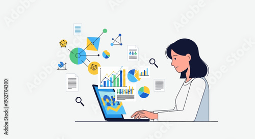 Woman analyzing data on laptop with charts and graphs, digital analytics concept