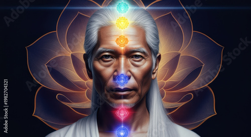 Serene elderly man meditating. Glowing chakras align his body, expressing spiritual energy, balance, and inner peace, an ethereal lotus background