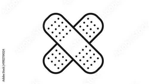 Minimalist black vector icon illustration of two crossed adhesive bandages or plasters, symbolizing first aid, medical care, wound healing, and healthcare on a white background.