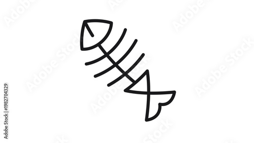 Minimalist black line vector icon of a fish skeleton or fishbone, clean scalable illustration of seafood remains and dead fish anatomy, isolated graphic symbol for environment or food waste.