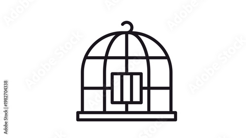 Minimalist black birdcage vector icon. Clean line art illustration of a dome-shaped bird cage with a top hook and small door. Scalable graphic symbol for pet supplies, captivity, and freedom.
