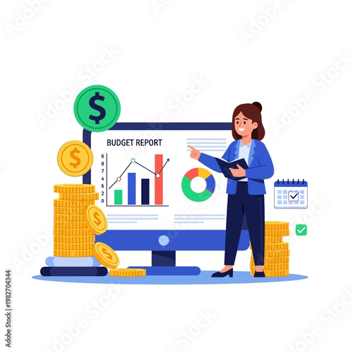 Woman Presenting Budget Report with Financial Data and Coins