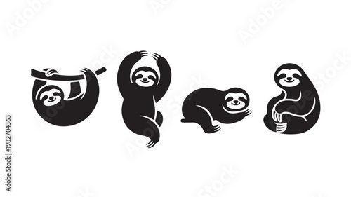 Four Sloth Silhouettes Hanging Relaxing On Branches Isolated On White For Wildlife And Nature Concepts