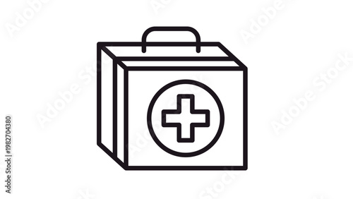 First aid kit vector icon illustration, medical bag with cross symbol, emergency medical equipment silhouette, healthcare and safety concept, minimalist black line art design, scalable graphic.