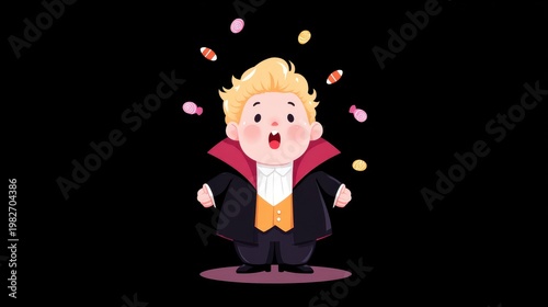 Playful cartoon boy in chubby vampire suit with blonde hair juggling colorful candy on black background, expressing joy and fun in cute Halloween style