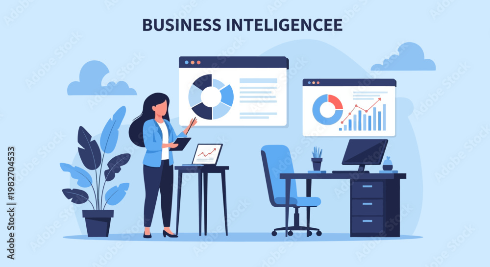 Fototapeta premium Business intelligence analysis with charts and graphs, woman working on data