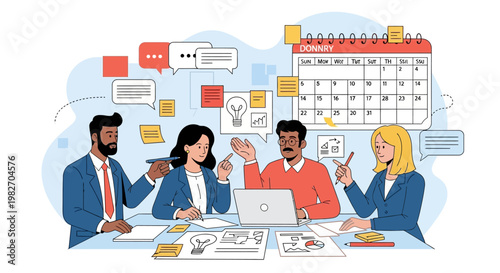 Business team meeting, planning, brainstorming, collaboration, strategy, calendar, ideas, teamwork