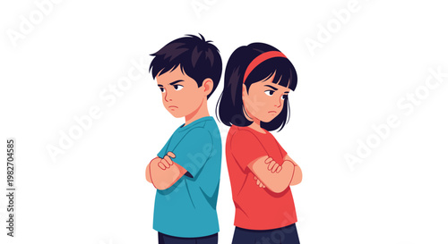 Young boy and girl standing back to back with crossed arms expressing anger and stubbornness after a playground disagreement.
