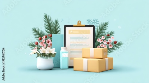 Seasonal background with gift boxes, clipboard, flowers, and bottle on light blue surface, creating calm and festive atmosphere with natural elements