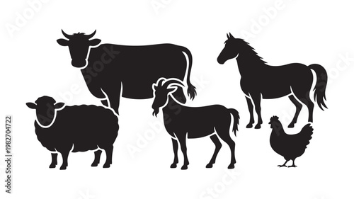 Black silhouettes of cow, horse, goat, sheep, and chicken on white background for farm animal concepts