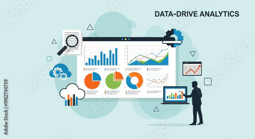 Data-drive analytics concept with charts, graphs, and businessman analyzing data.