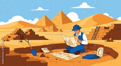 Professional archaeologist sitting in a dig site studying ancient maps with the great pyramids and desert landscape behind him.