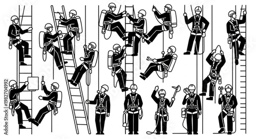 Workers in safety gear on ladders and ropes, monochrome illustration.