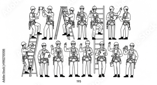 Workers in safety gear performing various tasks with equipment.