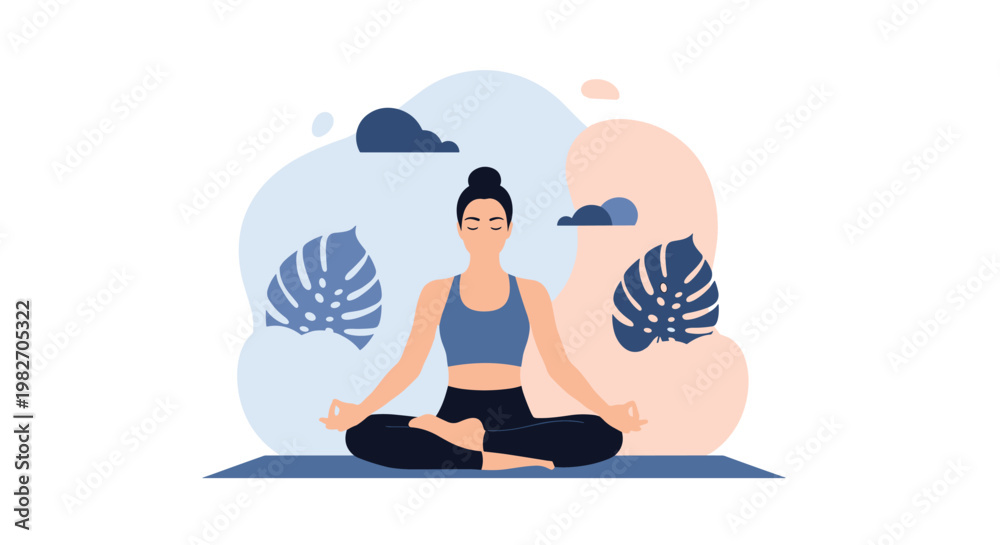 Fototapeta premium Peaceful woman practicing meditation and yoga in a lotus position with a calm abstract background and tropical leaf motifs.