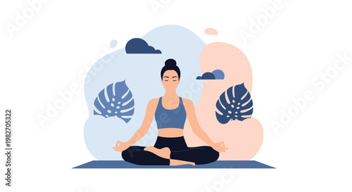 Peaceful woman practicing meditation and yoga in a lotus position with a calm abstract background and tropical leaf motifs.