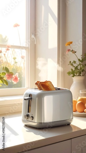 A toaster on a kitchen counter by a sunny window