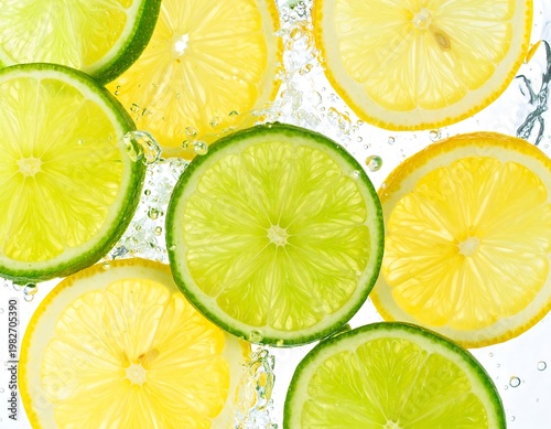 A vibrant display of lemon and lime slices in water droplets on a white background