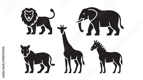 Black silhouettes of lion, elephant, wolf, giraffe, and donkey on white background for wildlife and animal concepts