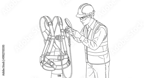 Worker Inspecting Safety Harness for Fall Protection.