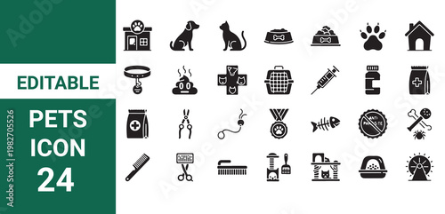 Pet Care Icons, Dog Cat Paw Print Veterinary Tools Grooming Supplies, Animal Welfare Symbols, Vet Clinic,