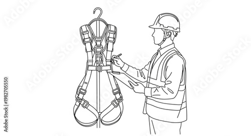 Worker Inspecting Safety Harness for Fall Protection.