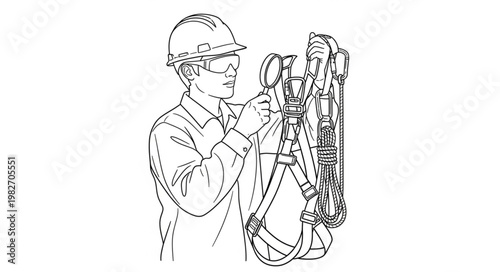 Worker Inspecting Safety Harness for Fall Protection.
