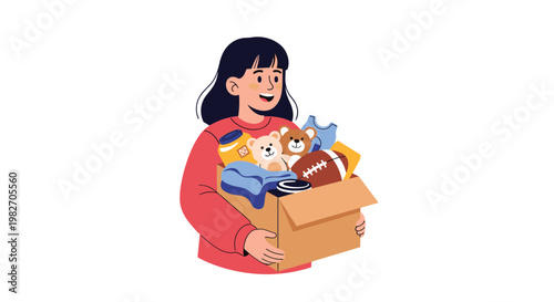 Kind young woman holding a large cardboard box filled with toys, clothes, and a football for local charity or donation drive.