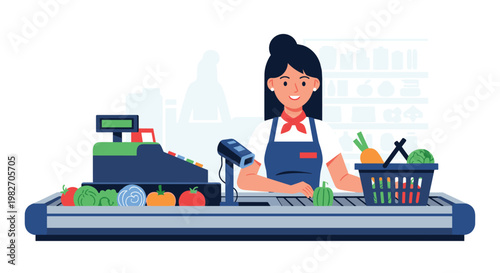 Smiling female cashier working at a grocery store checkout counter with a cash register and a basket of fresh food produce.