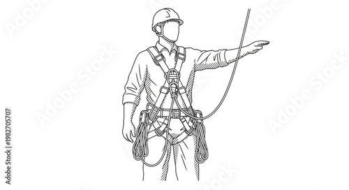 Worker wearing a safety harness and lanyard for fall protection.