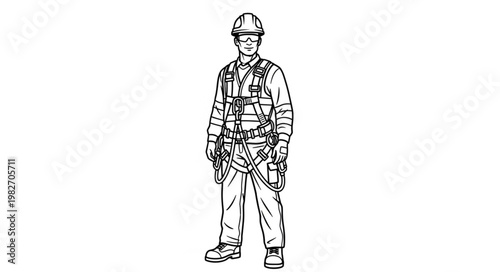 Worker wearing full body safety harness and hard hat.