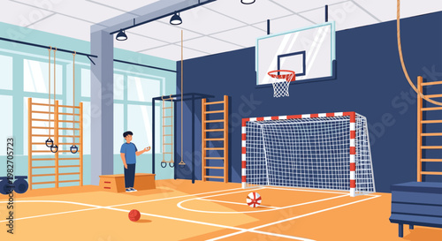 Spacious indoor multi-purpose sports hall featuring a basketball hoop, soccer goal, and gymnastic equipment for kids to play.