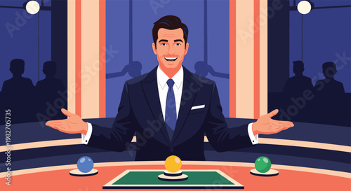 Enthusiastic male game show host in a suit standing behind a podium with buzzers and welcoming the television audience live.