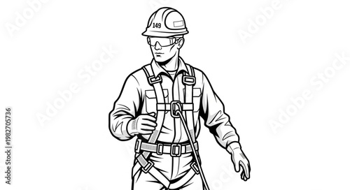 Worker Wearing Full Body Safety Harness and Hard Hat.