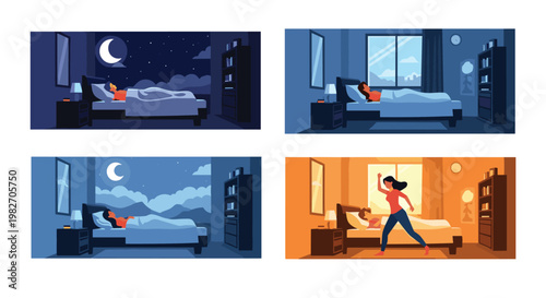 Sequence of four illustrations depicting a person sleeping at night and then waking up energetically at sunrise in a room.