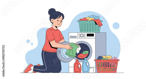 Young woman kneeling and loading a white washing machine with colorful clothes from laundry baskets in a domestic setting.