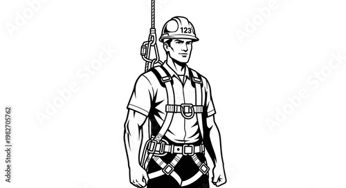Worker Wearing Full Body Safety Harness and Hard Hat.