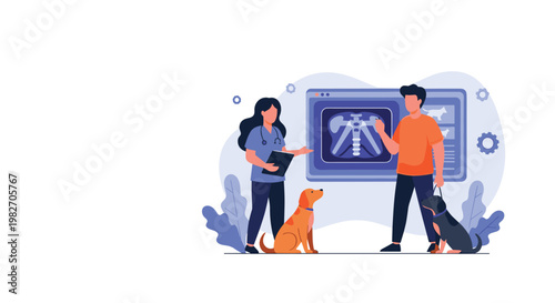 Female veterinarian in blue scrubs showing a digital x-ray of a pet to a dog owner with their pets nearby in a busy clinic.