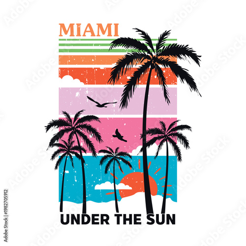 A vintage-style graphic featuring palm tree silhouettes against a colorful striped sunset background. Distressed texture with birds and 
