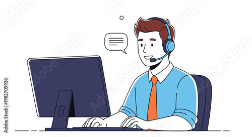 Friendly male customer service representative with a headset working at a computer in an office and talking to his clients.