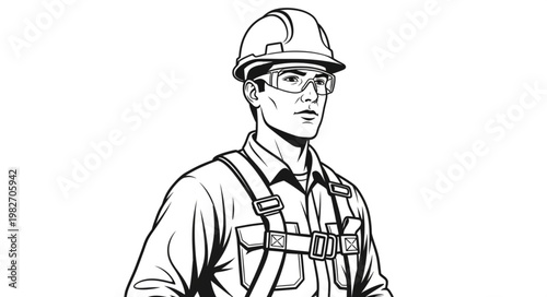 Worker Wearing Safety Harness and Hard Hat Illustration.