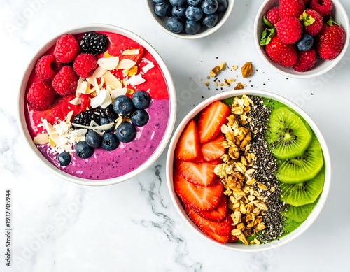 A vibrant and healthy breakfast spread featuring colorful fruit bowls on a marble countertop