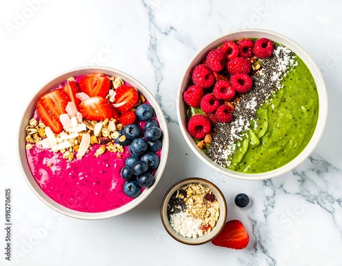 A vibrant and healthy breakfast spread featuring smoothie bowls and fresh fruit on a marble countertop