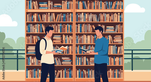 Two male students stand in a spacious library filled with books on tall wooden shelves while they study and browse for information.