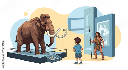 Curious young boy visits a history museum to see a large woolly mammoth exhibition and a prehistoric caveman display in a gallery.